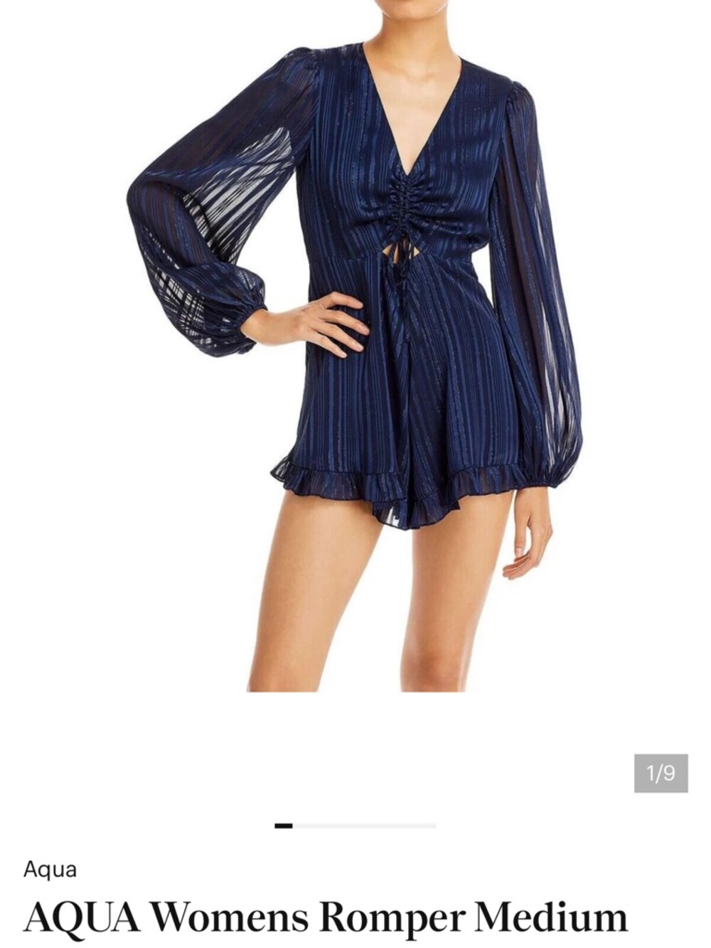 Aqua Navy V‑Neck Sheer Long‑Sleeve Romper
